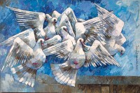 Iqbal Durrani, Wonderous Cluster, 24 x 36 Inch, Oil on Canvas, Pigeon Painting, AC-IQD-242